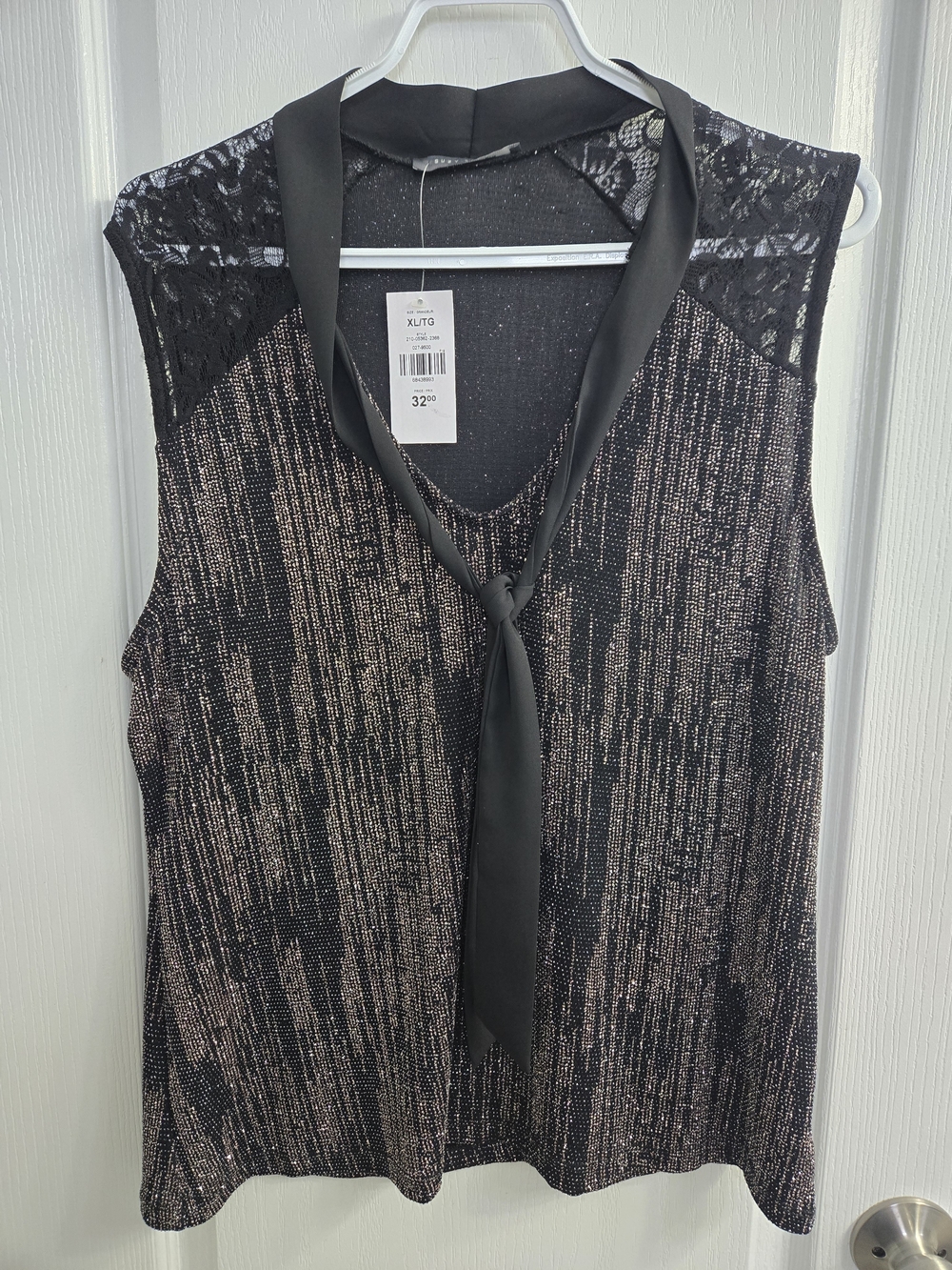 SUZY SHEIR Women's Black Metallic Tie-Neck Lace Shoulder Top XL